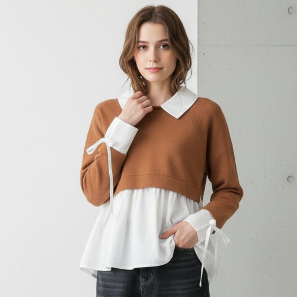 NWT Jacquie the Label Iosena Mixed Media Sweater Top Caramel
